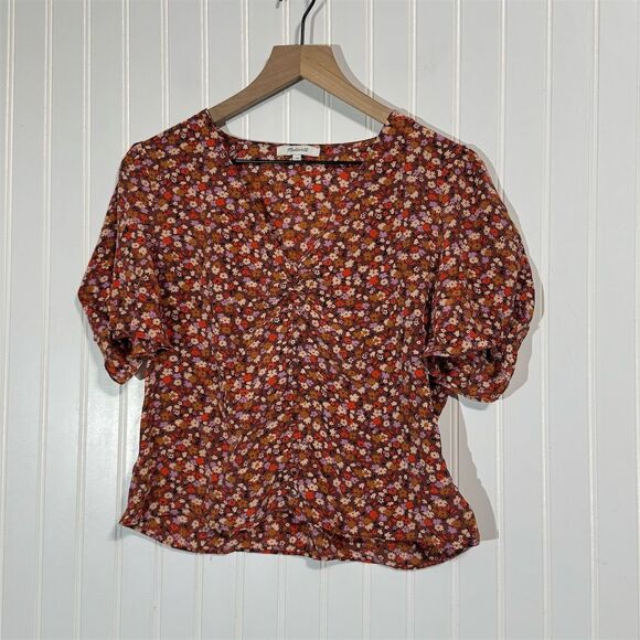 Madewell Tops - Madewell 100% Silk Floral Blouse Ruched Puff Sleeve Brown Top Women’s Size 10